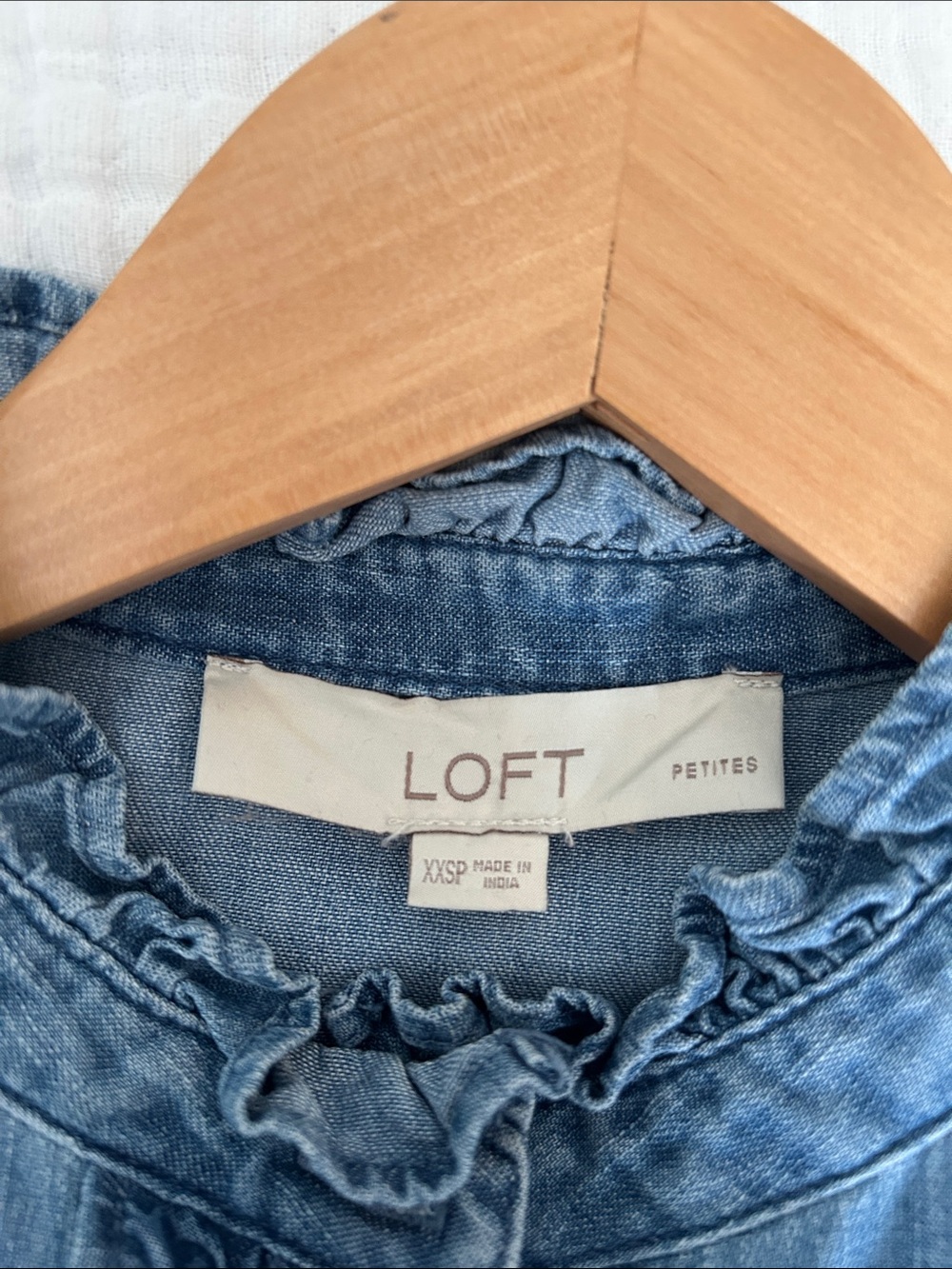 LOFT Light Denim Ruffle-Front Blouse - Picture 4 of 5